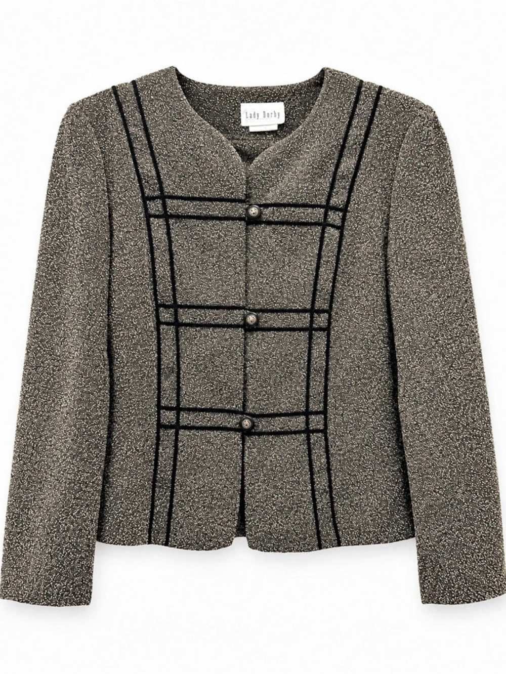 Lady Borky Tweed Blazer Jacket Shoulder Pads Black Grey Vintage Style